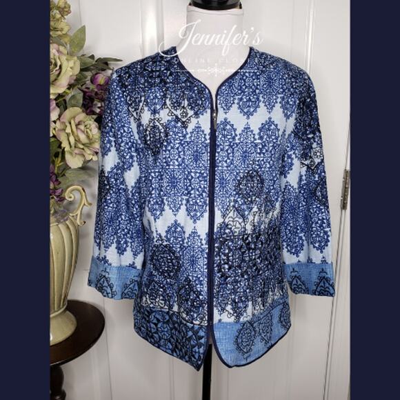 3/$30 Coldwater Creek Blue and Black Embroidered Zipper Jacket - Picture 1 of 11